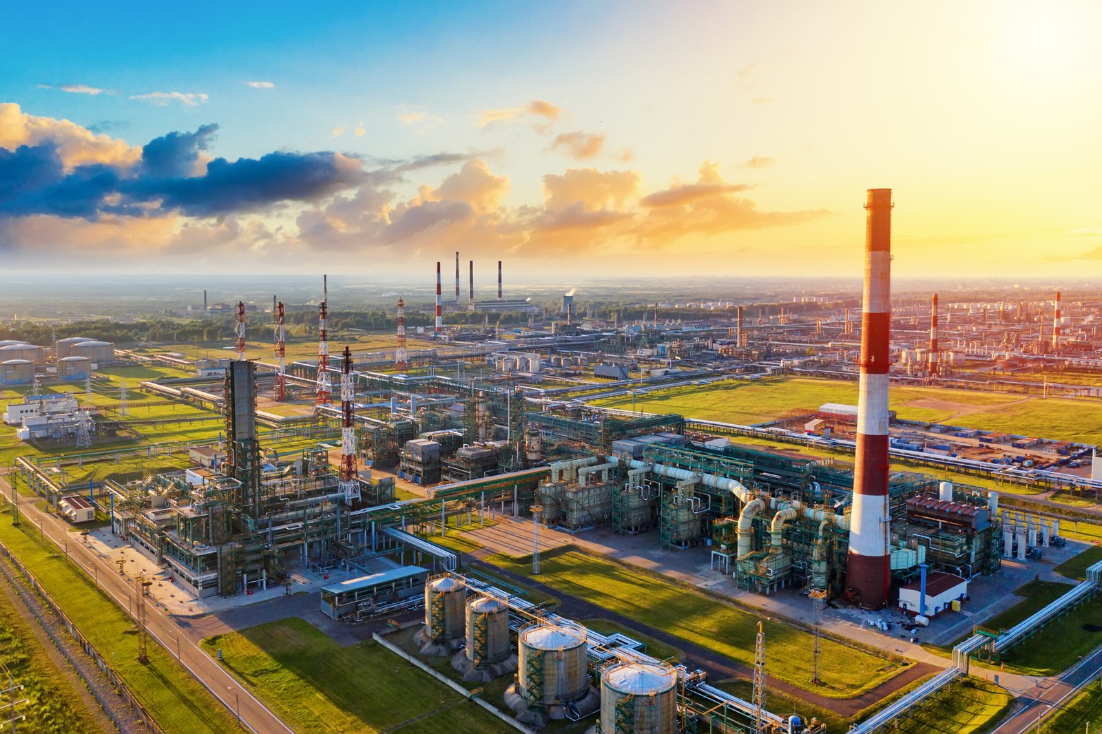 Aerial drone view of petrol industrial zone or oil refinery in Yaroslavl, Russia during sunset time Aerial drone view of petrol industrial zone or oil refinery in Yaroslavl, Russia during sunset time.